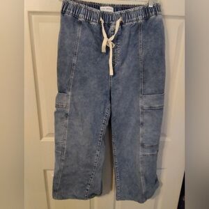 Light Wash Denim Cargo Pants with Drawstring